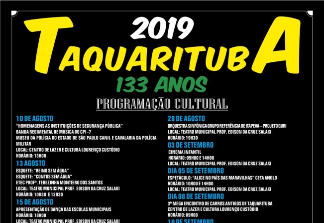 Coordenadoria da Cultura divulga calendário das festividades do 133 aniversário de Taquarituba