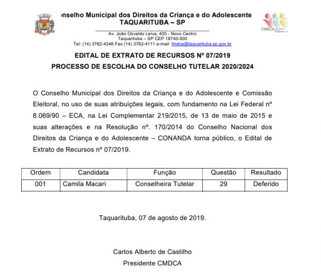 CMDCA Divulga Resultado Recurso