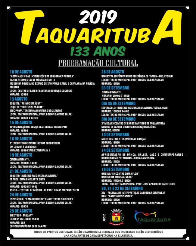 Coordenadoria da Cultura divulga calendário das festividades do 133 aniversário de Taquarituba